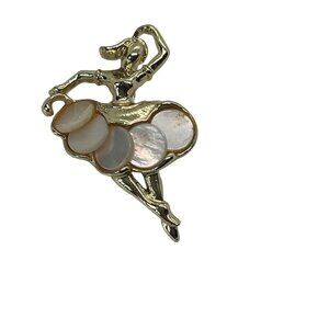 Vintage Gold-Tone Ballerina Brooch With Mother Of Pearl Accents Tutu 1 7/8"